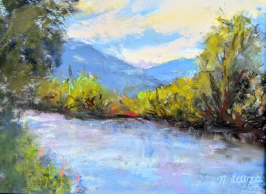 Nancy Lewis: The Yampa River Flows Again, pastel painting of a river winding between yellow-green trees toward blue mountains under a bright sky