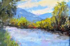 Nancy Lewis: The Yampa River Flows Again, pastel painting of a river winding between yellow-green trees toward blue mountains under a bright sky